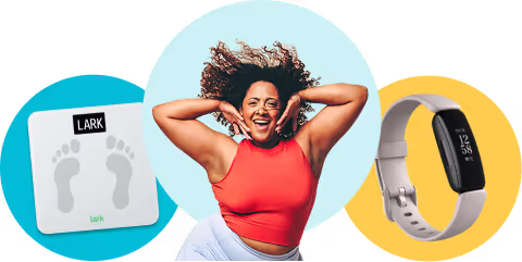 Lark smart scale, fitbit activity tracker, and image of phone with digital coach