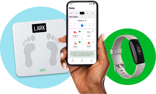 Lark smart scale, fitbit activity tracker, and image of phone with digital coach