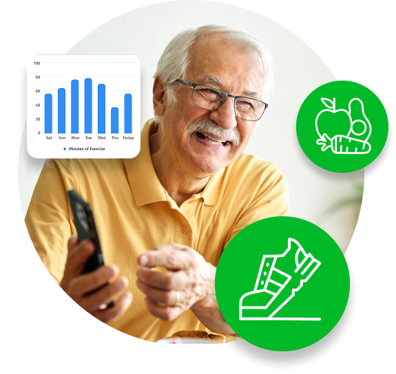 Smiling elderly man in glasses with phone, overlaid with exercise chart and healthy food and shoe icons.