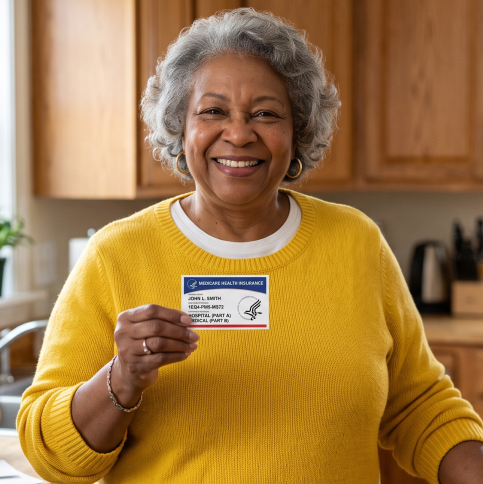 Smiling older woman in yellow sweater holding a Medicare health insurance card in a kitchen.
