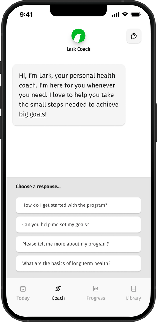 The Lark Coach app offers questions about getting started, goals, and the program.