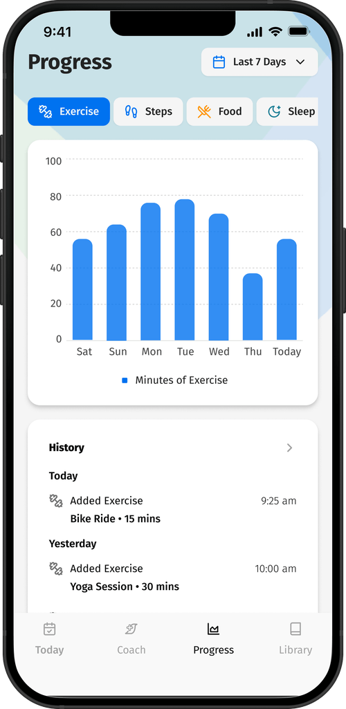 The Lark Progress screen shows an example week of exercise and a history of activity check-ins.