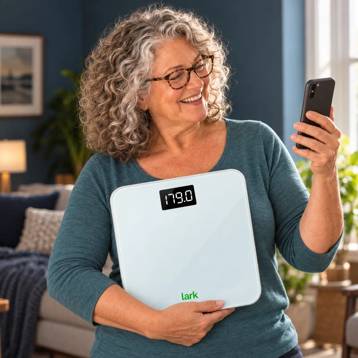 An older woman holding a Lark smart scale and looking at her phone at home.