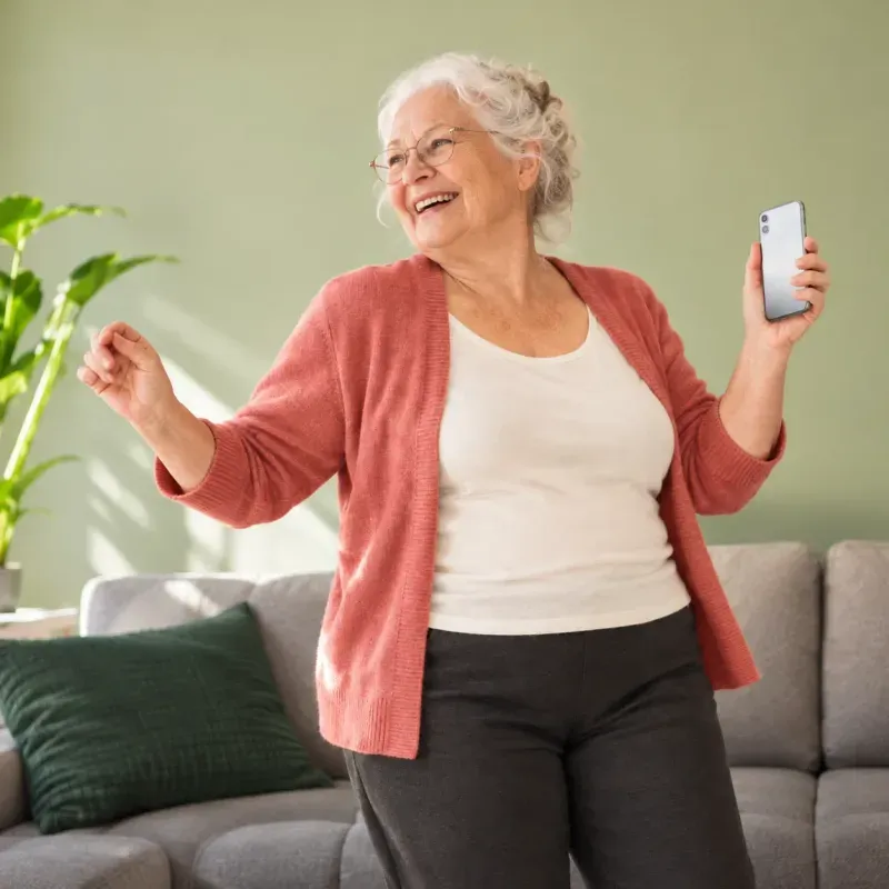 An older woman enjoying movement at home with her phone in hand.