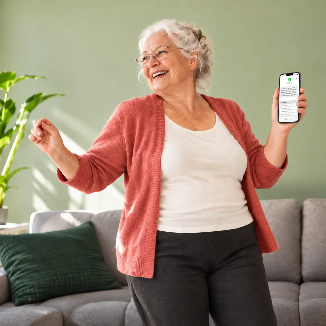 An older woman moving at home and holding her phone with the Lark coaching app on screen.