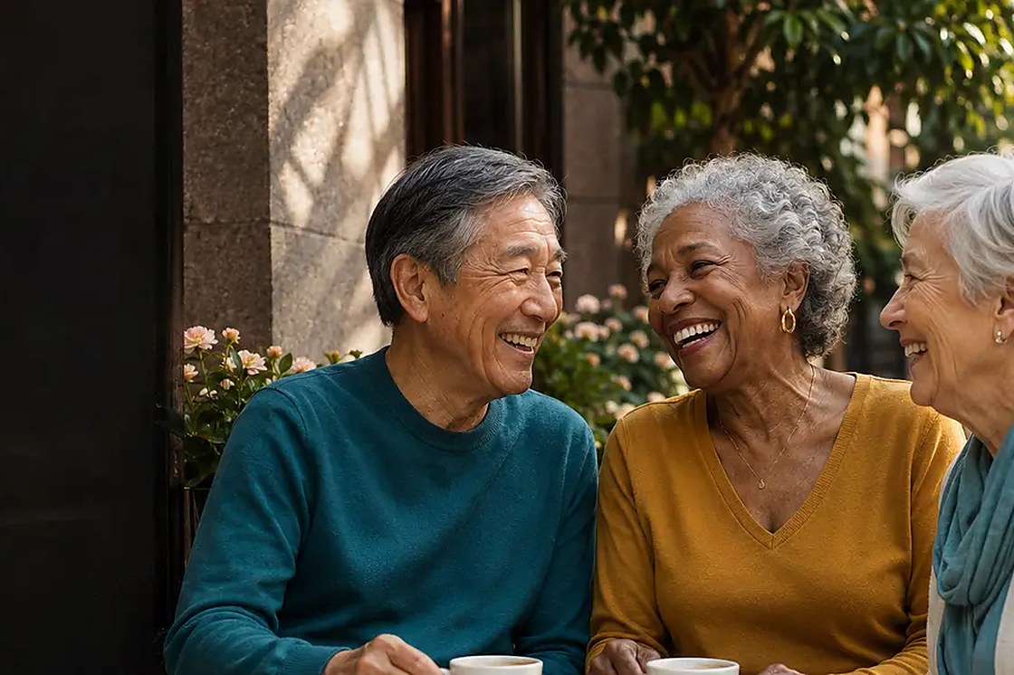 Three older friends enjoying coffee and conversation outdoors.
