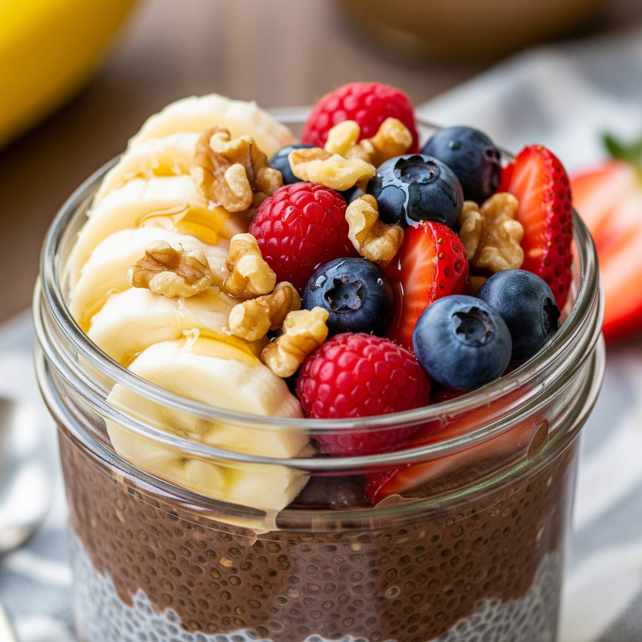Top your dark chocolate chia pudding with fruit and nuts or oats for a satisfying burst of nutrients!