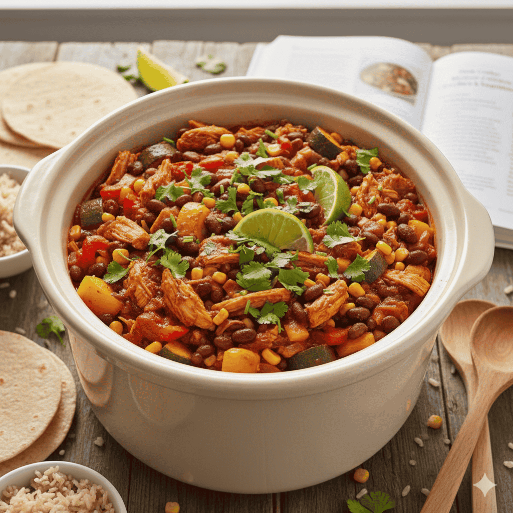 Chicken, vegetables, sweet corn, and warm spices create a delicious and healthy meal.