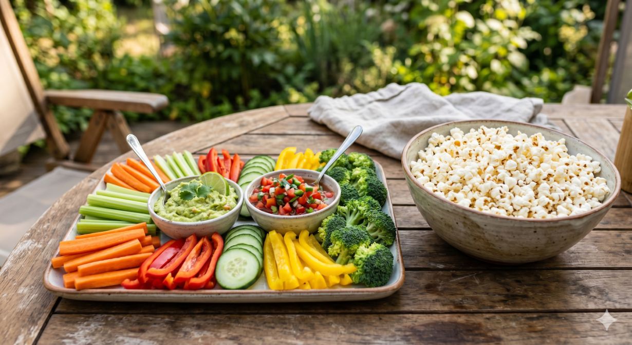 Fresh vegetables, nutritious dips, and plain popcorn can be satisfying summer snacks.