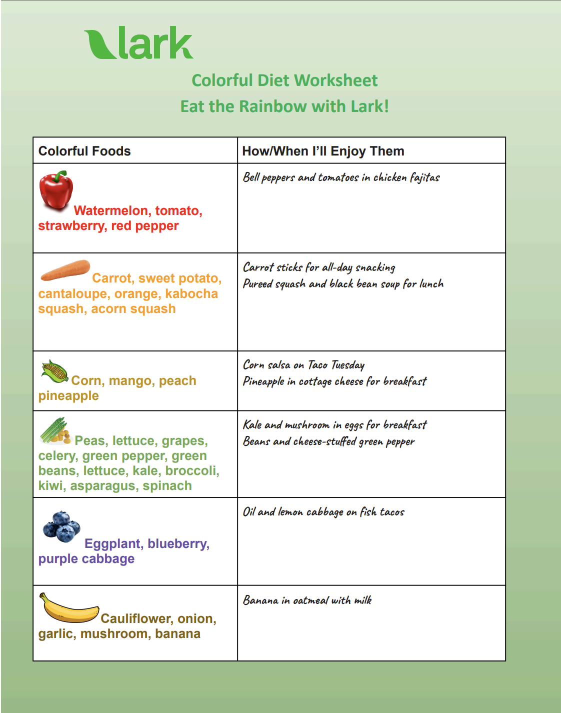 Lark Colorful Diet Worksheet - Eat the Rainbow to Get Your Fruits and Vegetables