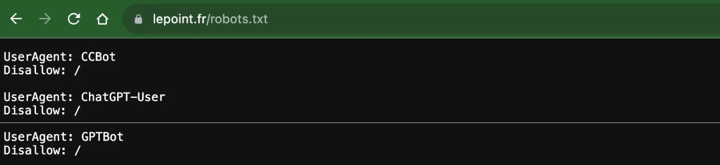 Le Point bloque ChatGPT et les deux robots d'exploration d'OpenAI