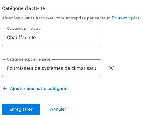 Choix des catégories d'activité sur la fiche Google Business Profile