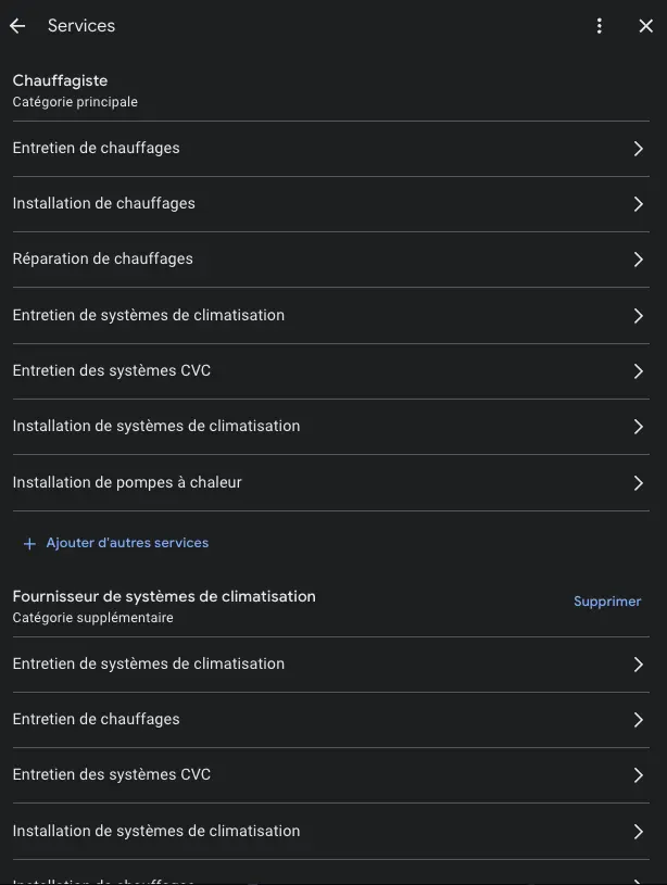 Choisissez les services que vous offrez selon les catégories choisies