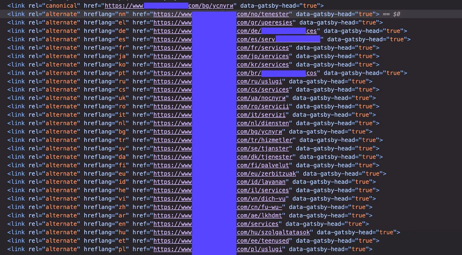 Exemple d'implémentation de balises hreflang dans la section head d'un site