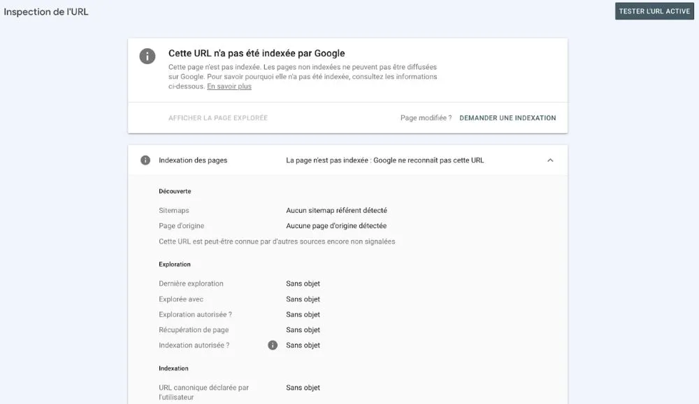 Résultat d'inspection d'une nouvelle URL dans la GSC