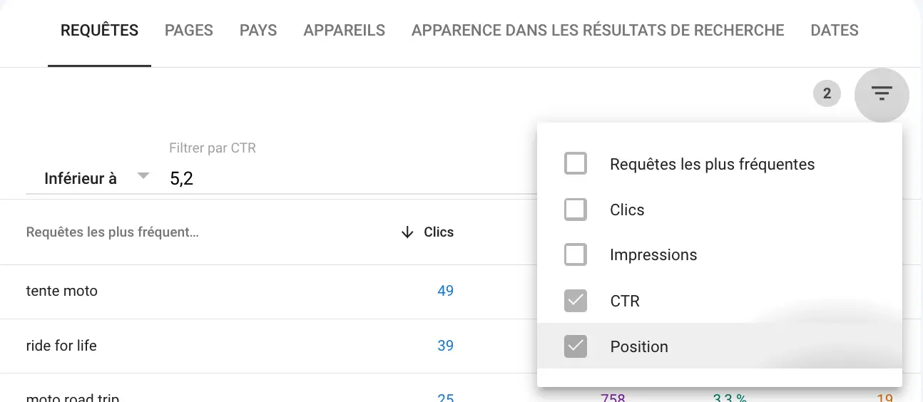 Utiliser les filtres position et CTR dans la Search Console