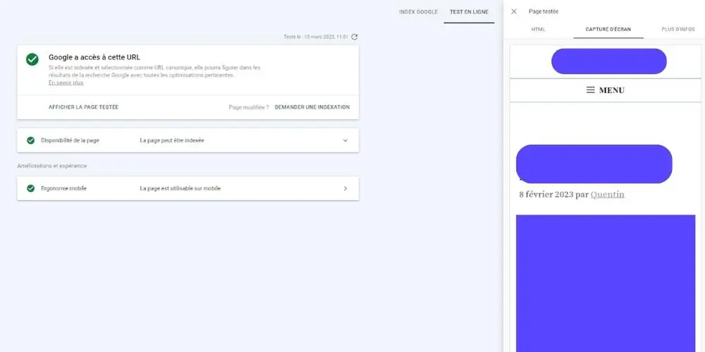 Utiliser la capture d'écran pour voir comment Google visualise votre URL