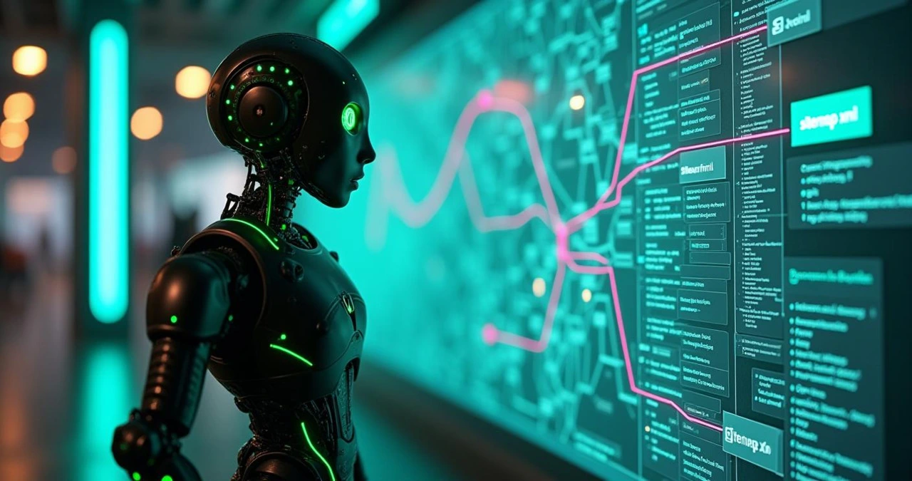 Imagine d'un robot devant une carte routière qui reflète le sitemap XML d'un site web