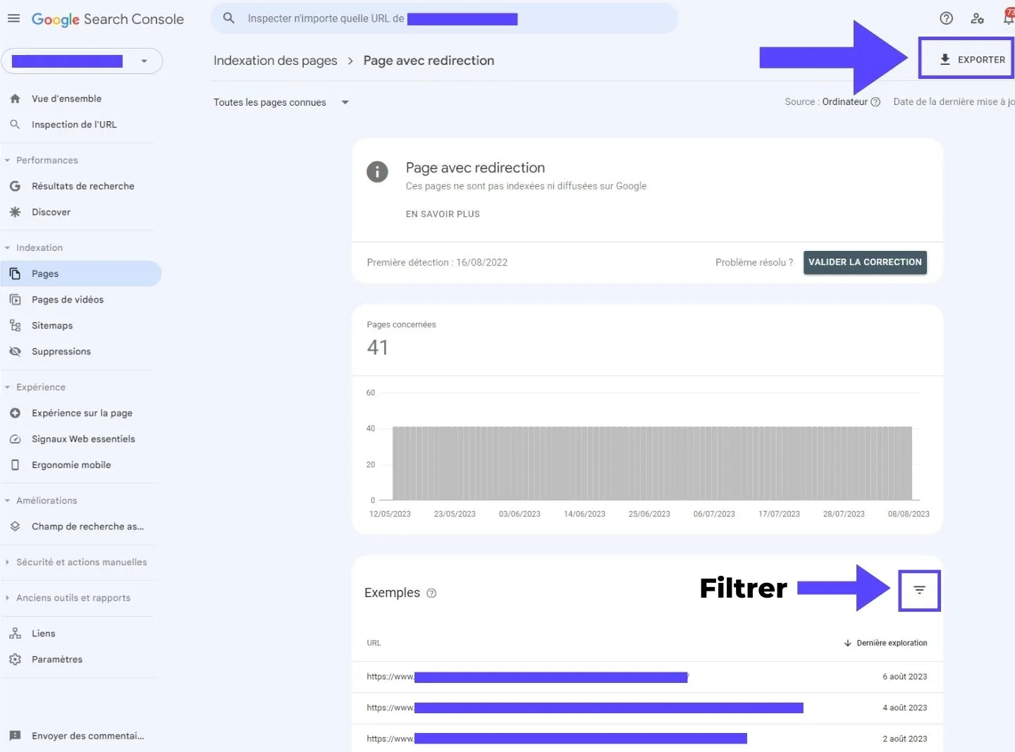 Pages avec redirection dans la Google Search Console