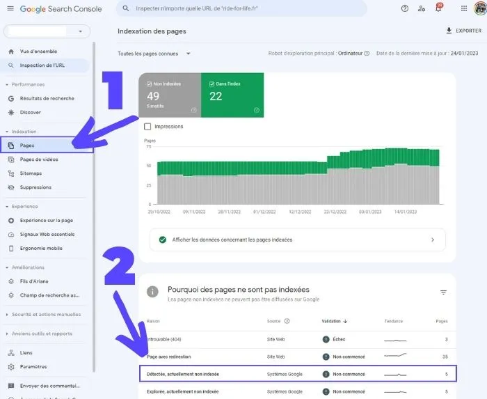 Rapport d'indexation des pages - Statut Détectée, actuellement non indexée
