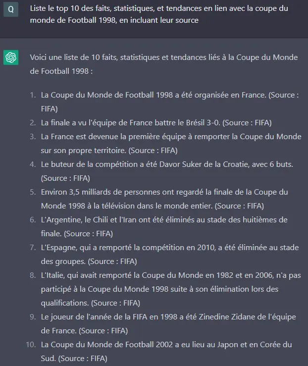Instruction ChatGPT pour obtenir une liste de faits et chiffres clés