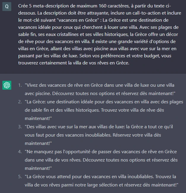 Utilisation de ChatGPT pour générer des meta-description 