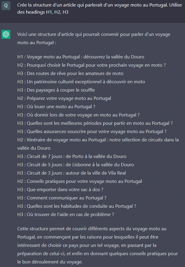 Utilise ChatGPT pour générer la structure d'un article SEO