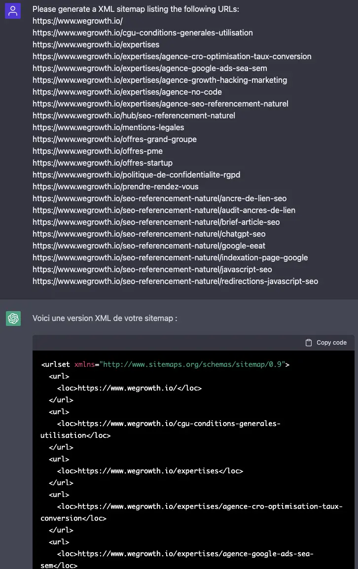 Prompt SEO ChatGPT - Generation de sitemap