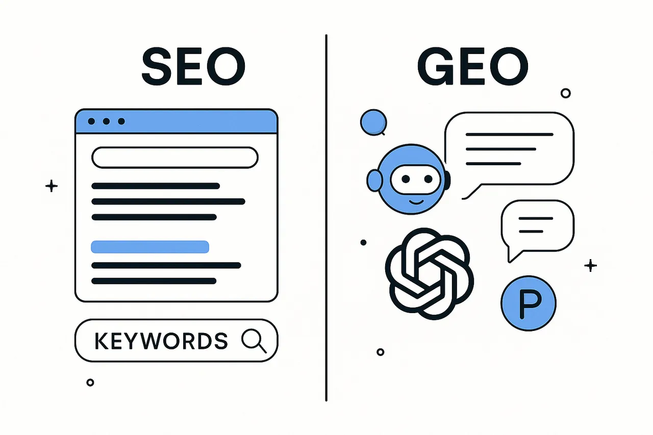 Image pour décrire le GEO pour Generative Engine Optimization par rapport au SEO