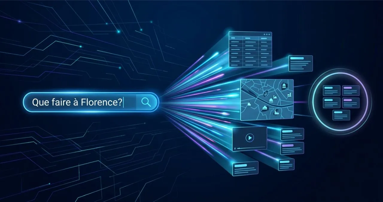 Illustration conceptuelle du Query Fan Out en GEO. À gauche, une barre de recherche affiche la requête "Que faire à Florence ?". Elle se décompose vers la droite en un faisceau lumineux (explosion de requêtes) vers différents formats de données : un tableau structuré, une carte interactive et une icône vidéo. À l'extrémité droite, un anneau lumineux isole une sélection finale de fragments (Top-K) destinés à la synthèse de la réponse par l'IA
