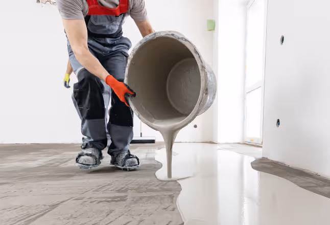Construction worker pouring liquid concrete onto floor inside a room.