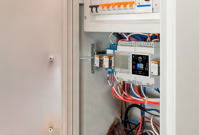 A photo of an electrical cabinet with an Xtellio Gateway Xentral and Metering Xense in front