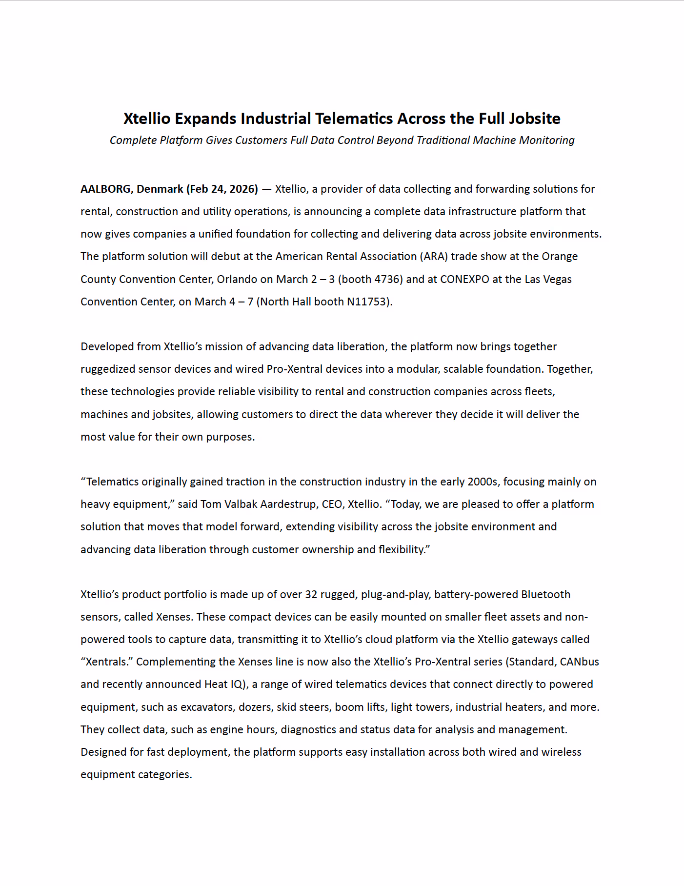 Press Release about Full Jobsite Telematics from Xtellio devices