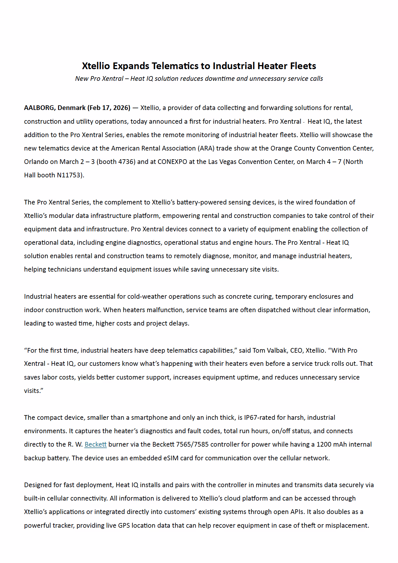 Press Release about Xtellio Pro Xentral Heat IQ variant