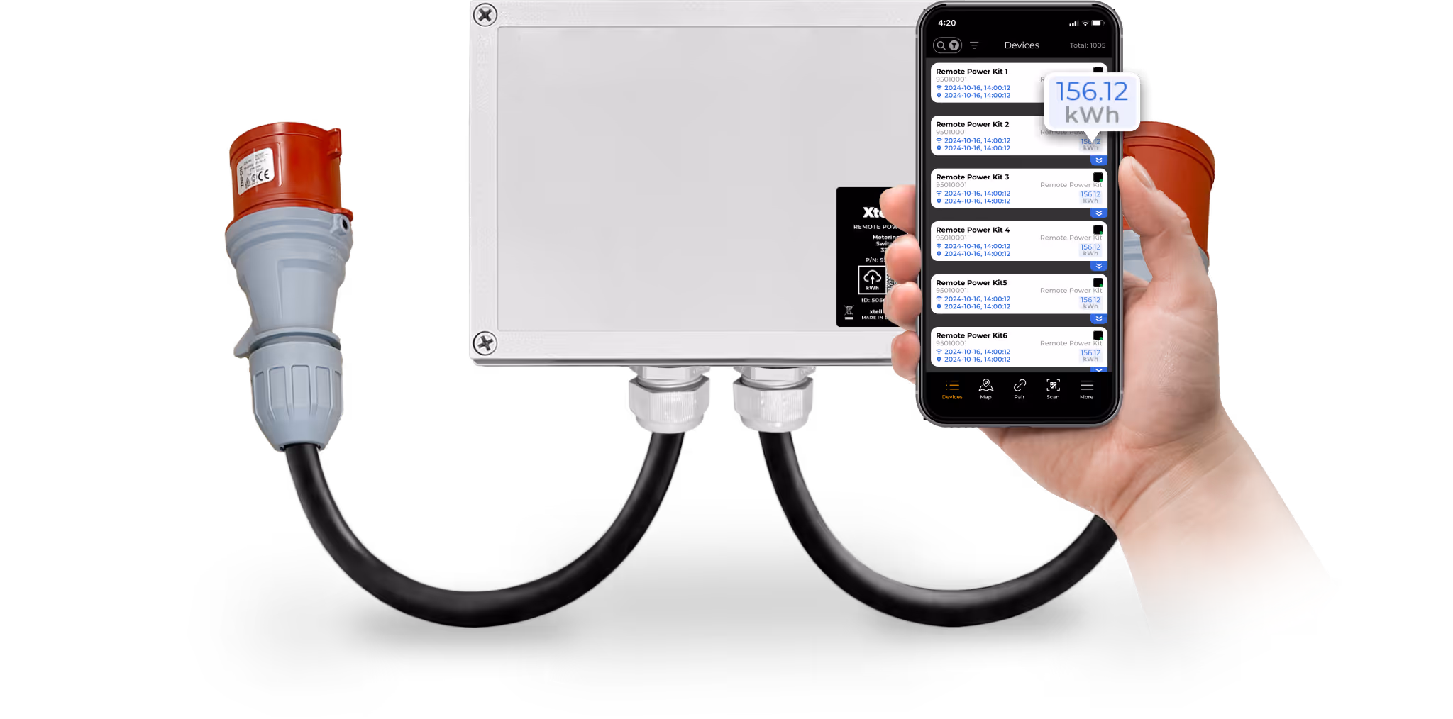 Xtellio Remote Power Kit Metering Switch and phone with Picco app showing list with 156.12 kWh highlighted