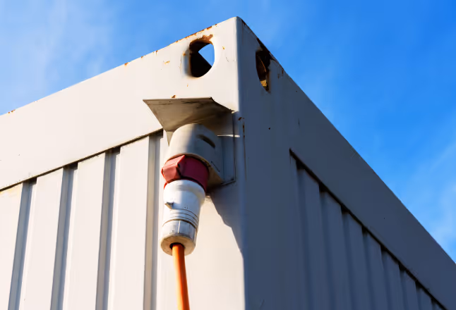 Close-up of the corner of an industrial site container connected to power, with a visible red CEE plug