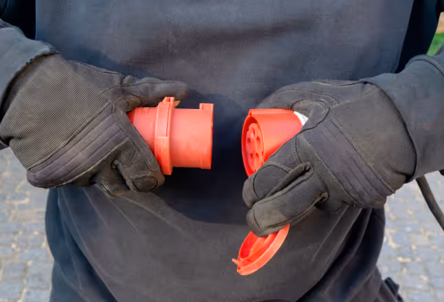 Close-up of gloved hands holding a red industrial CEE power plug and connector before connection