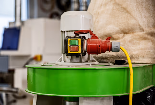 A manufacturing environment with a machine motor and an industrial CEE power plug