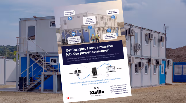 Jobsite trailer solution brochure in front of a two-story jobsite trailer