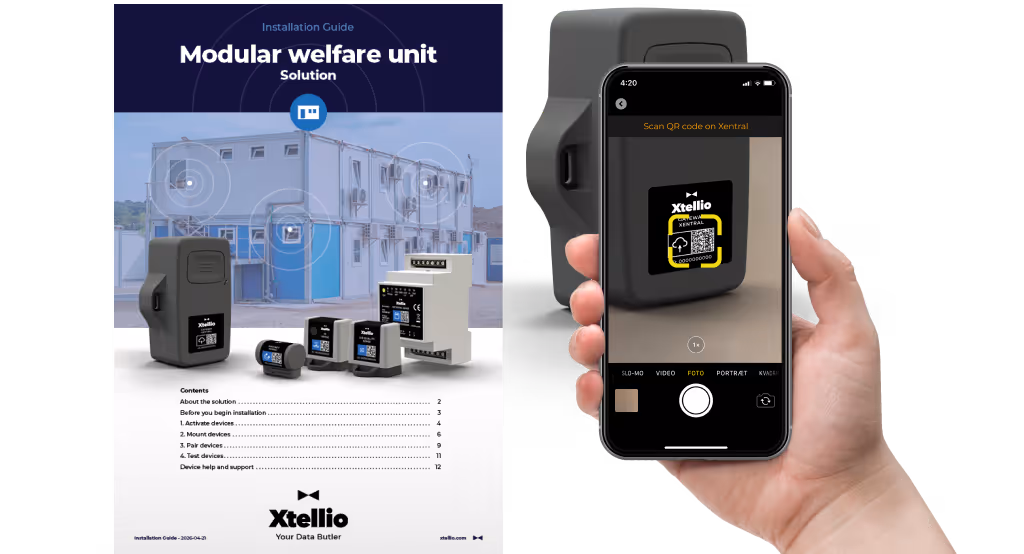 Picture of an installation guide and a hand holding a mobile phone and trying to scan QR code on a device label