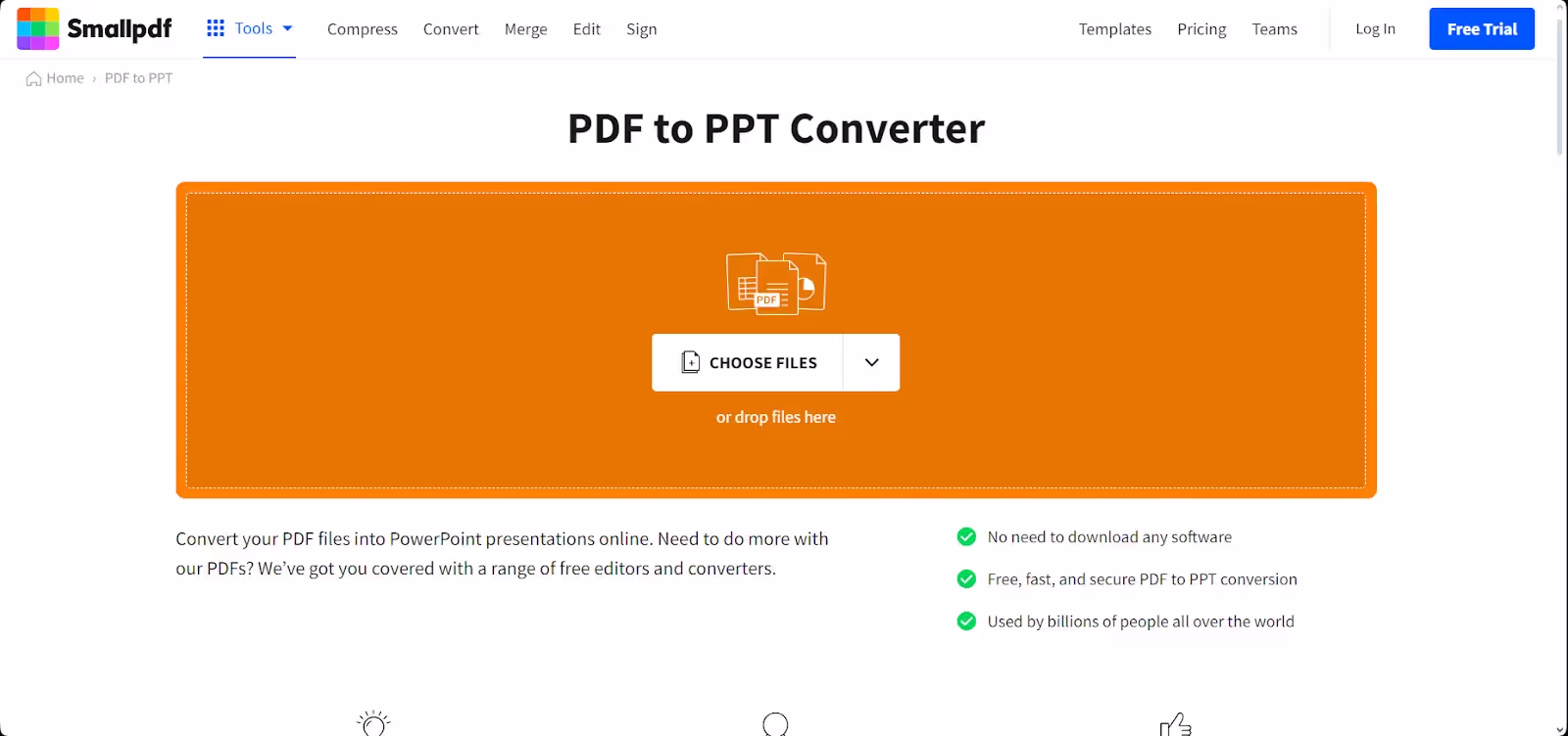 SmallPDF logo, a tool for simple, online PDF to PowerPoint conversions and other PDF-related tasks.