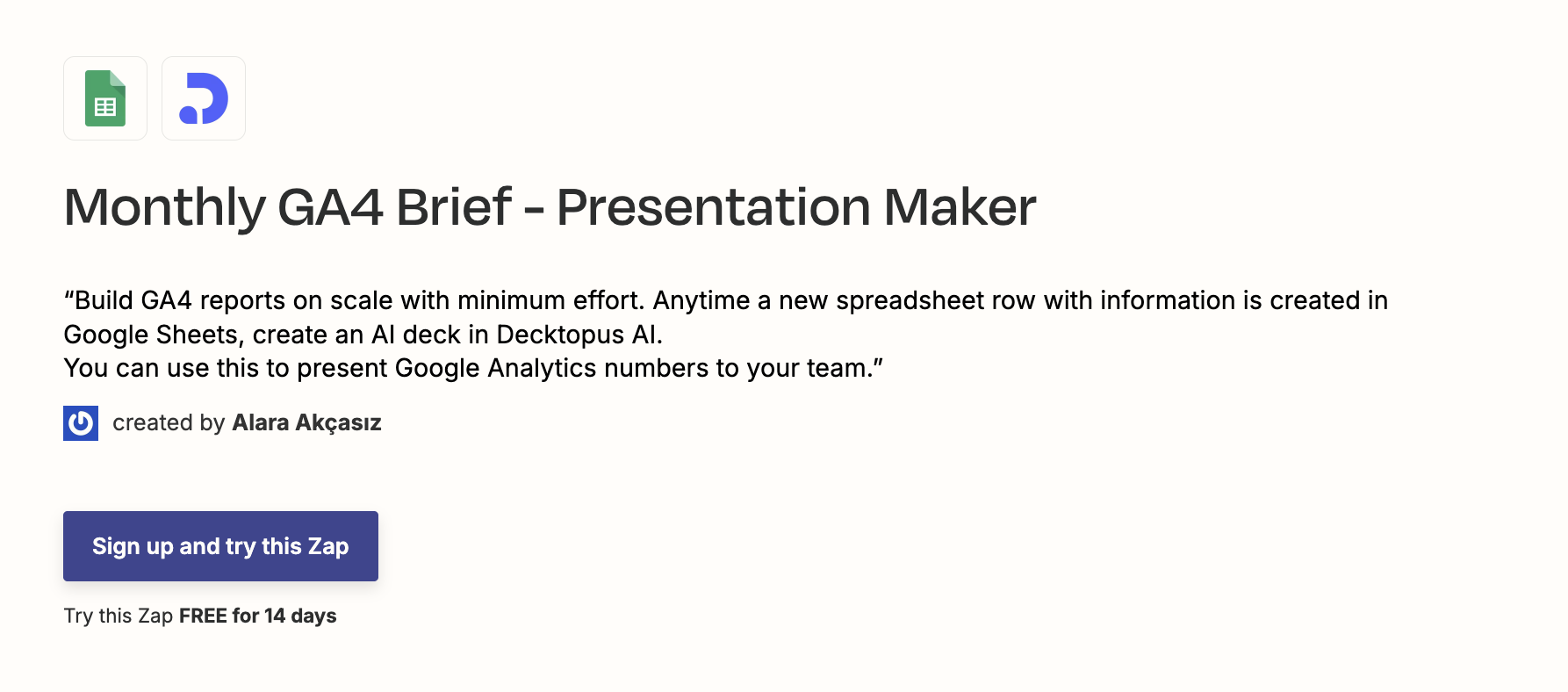A screenshot of the monthly GA4 presentation integration of Decktopus AI and Google Sheets