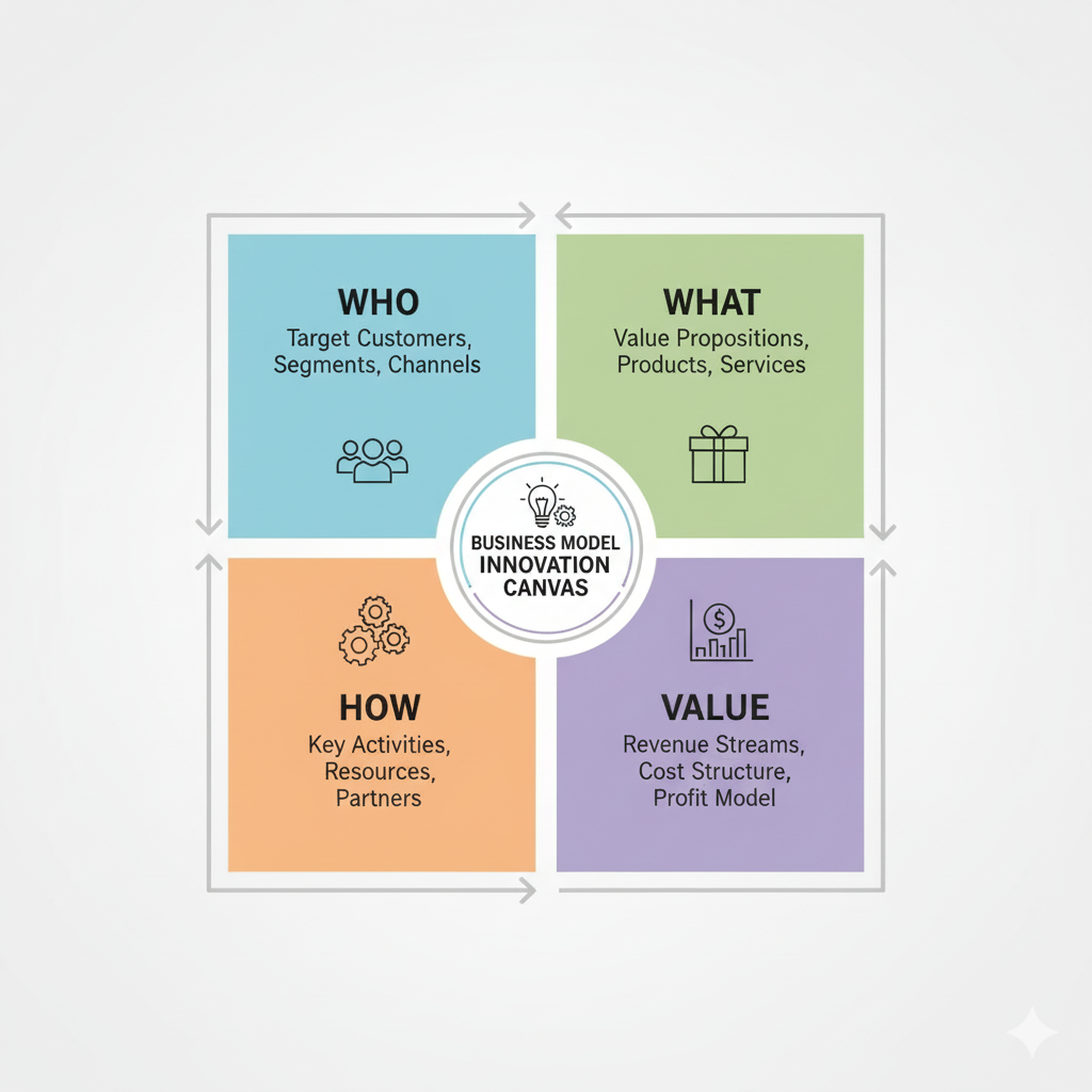 Business model innovation canvas with four quadrants: Who, What, How, and Value.