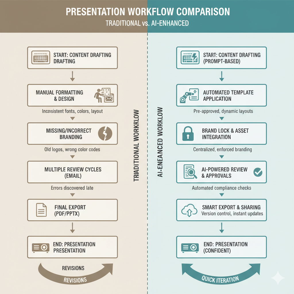 Diagram showing traditional vs. AI-enhanced presentation workflow (manual formatting, missing branding vs. automated templates, approvals, brand lock).