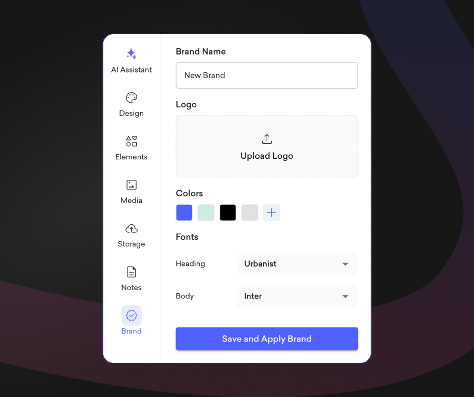 Screenshot of Decktopus AI’s branding panel with logo upload, font settings, and color picker.