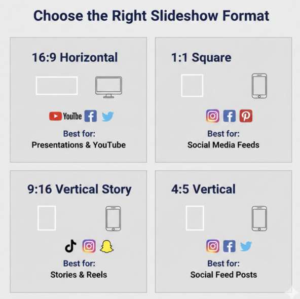 Comparison chart showing four slideshow formats: 16:9 horizontal for YouTube, 1:1 square for Instagram, 9:16 vertical for TikTok and Reels, and 4:5 vertical for Facebook