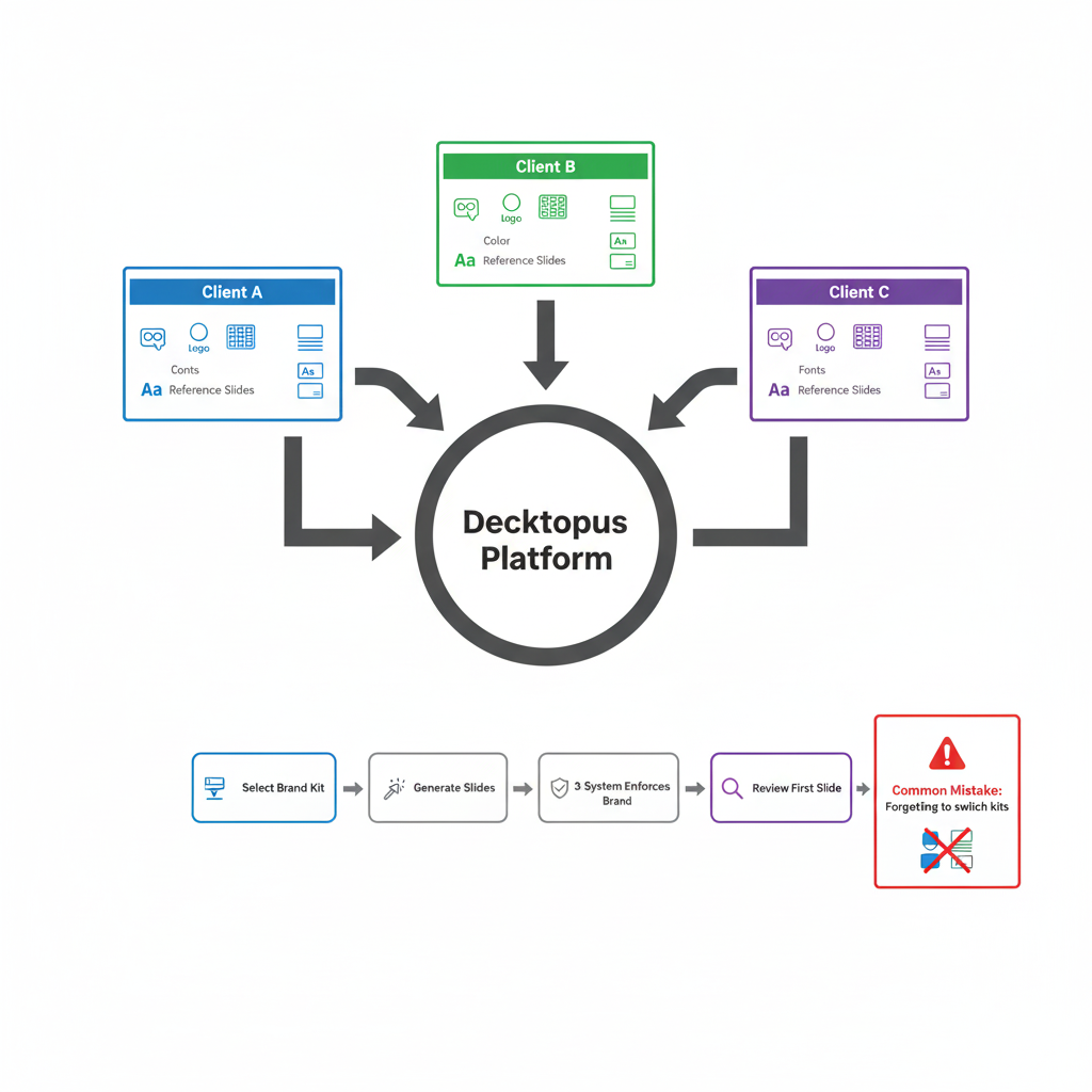 Workflow diagram showing multi-brand management system with central platform hub connecting to three color-coded client brand kits, followed by four-step workflow process and warning about profile switching mistakes