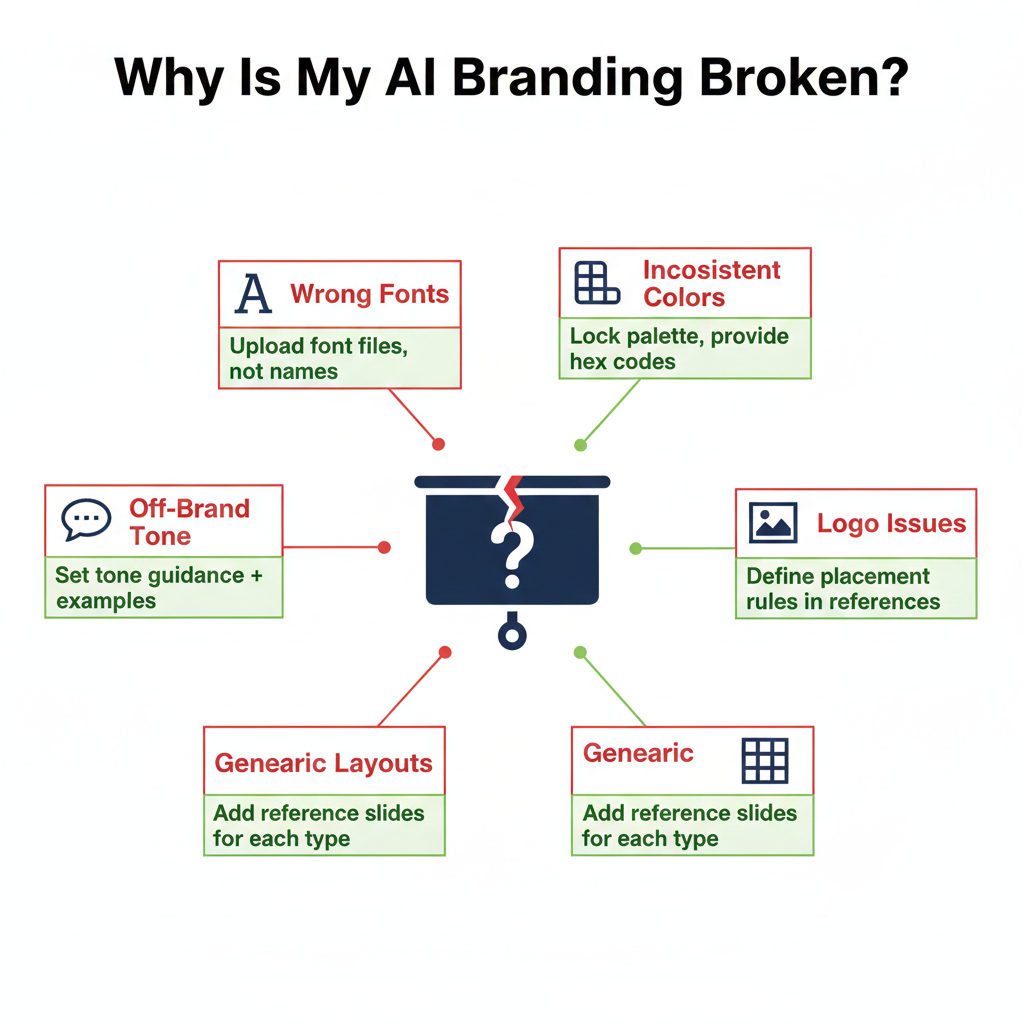 Diagnostic flowchart showing five common AI branding problems radiating from center: wrong fonts fixed by uploading files, inconsistent colors fixed by locking palette, logo issues fixed by placement rules, generic layouts fixed by reference slides, and off-brand tone fixed by guidance examples"