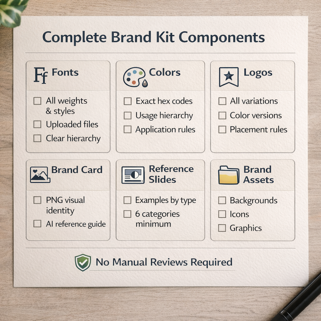 Checklist infographic showing six essential brand kit components: fonts with all weights, colors with hex codes and hierarchy, logo variations, brand card PNG, reference slides by type, and brand assets