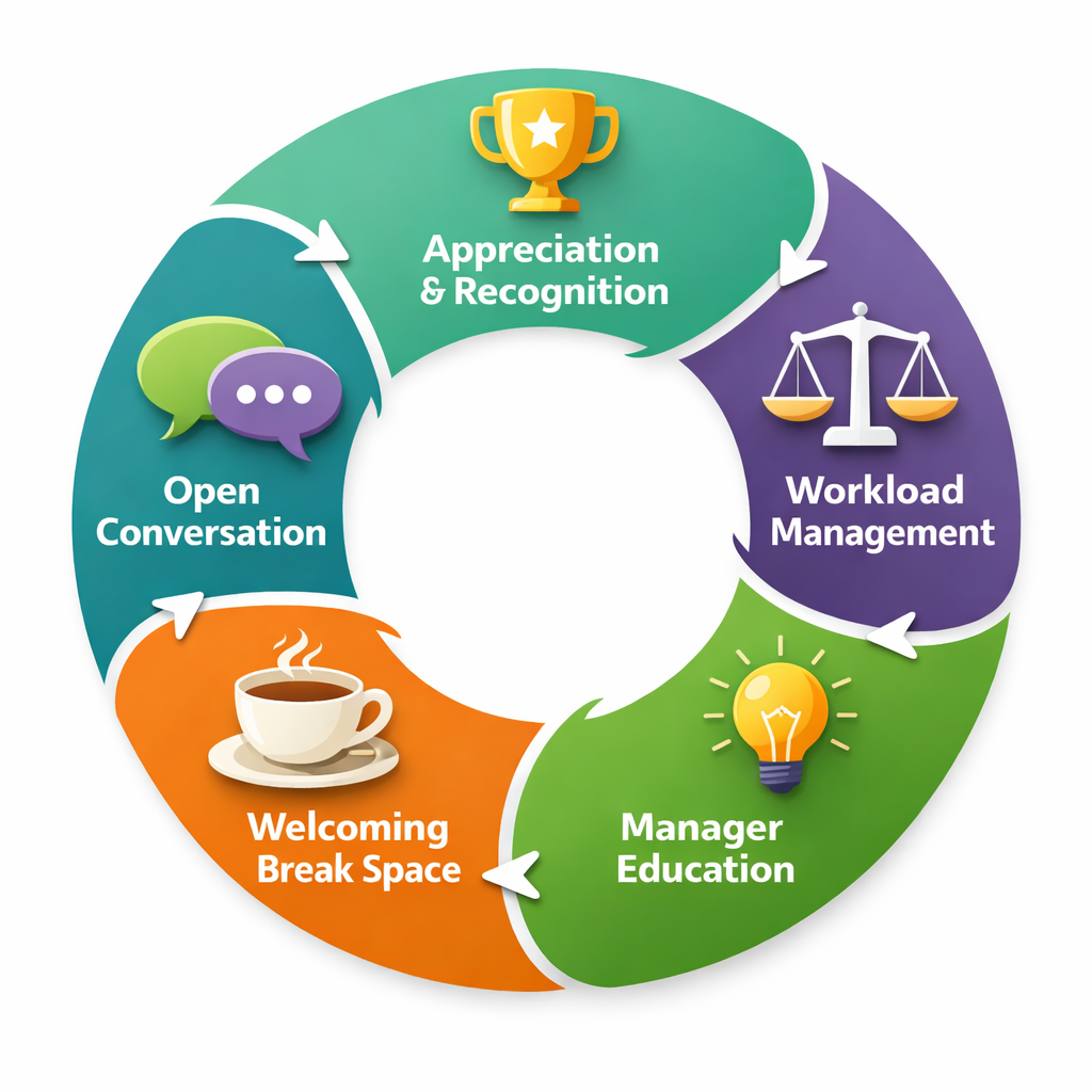 Infographic outlining five effective strategies to prevent employee burnout including recognition programs, workload management, manager training, break spaces, and mental health conversations